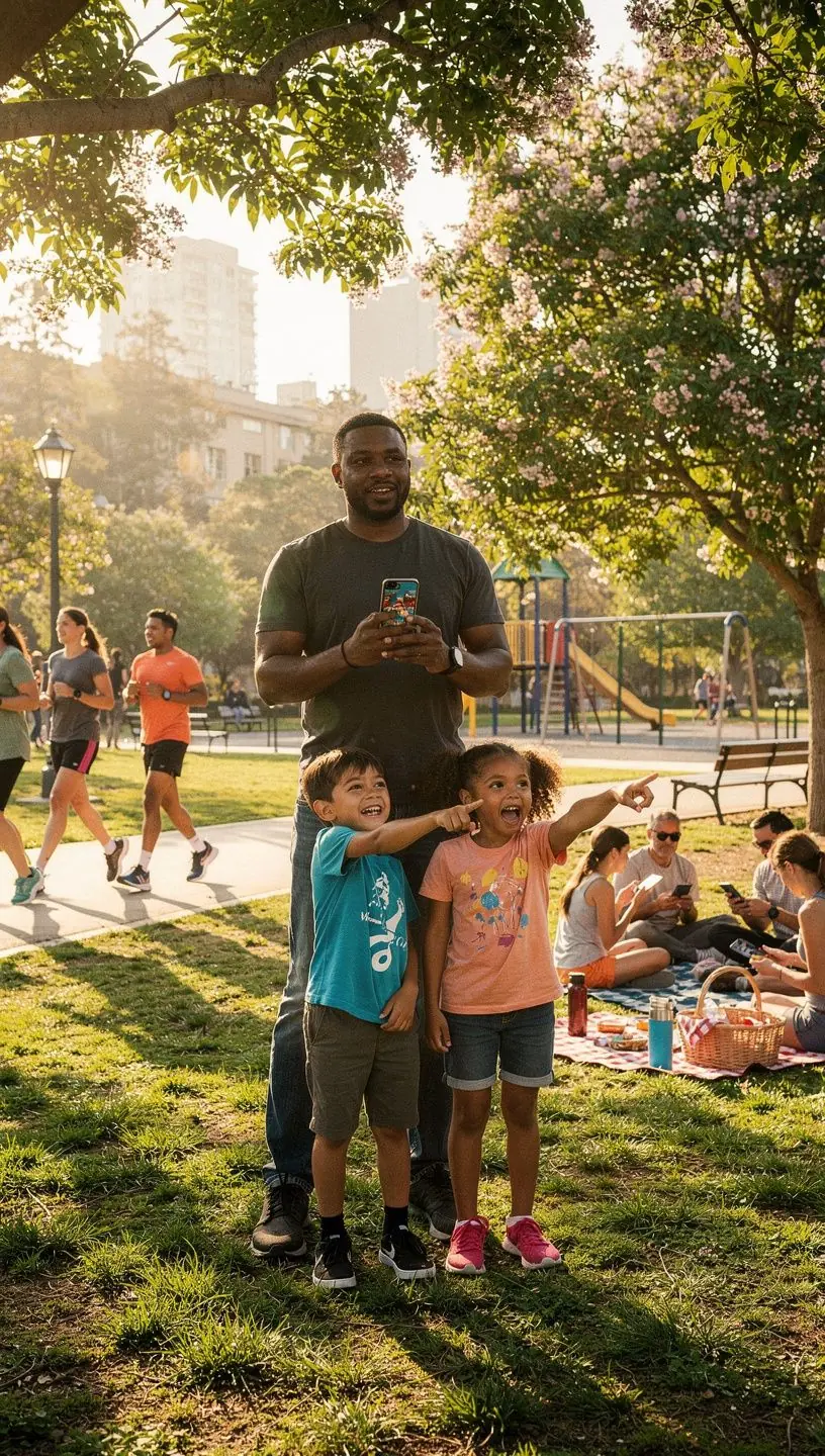 Drone capturing aerial view of a green urban park integrated with smart waste management systems.