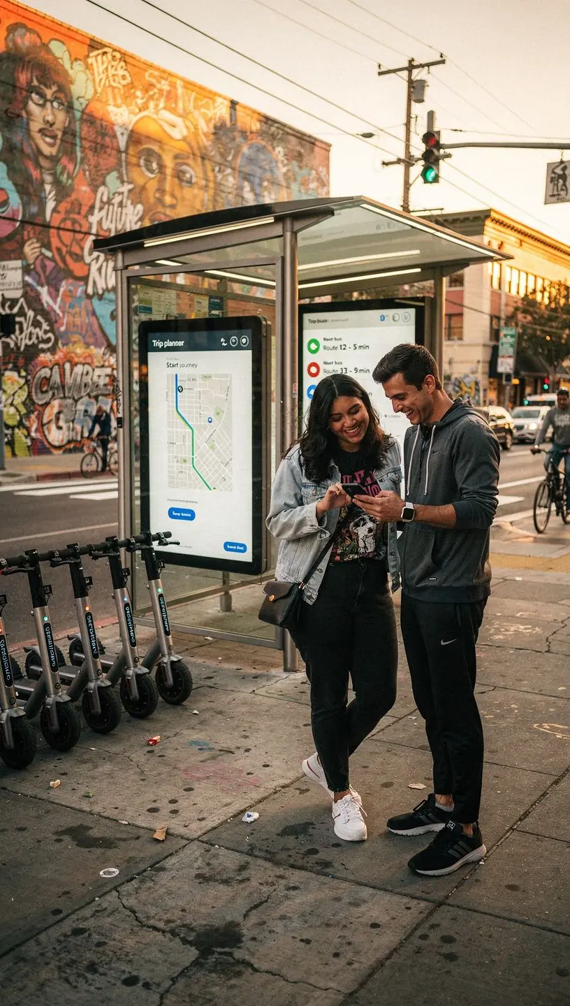 A modern residential neighborhood with smart streetlights and solar panels enhancing energy efficiency.